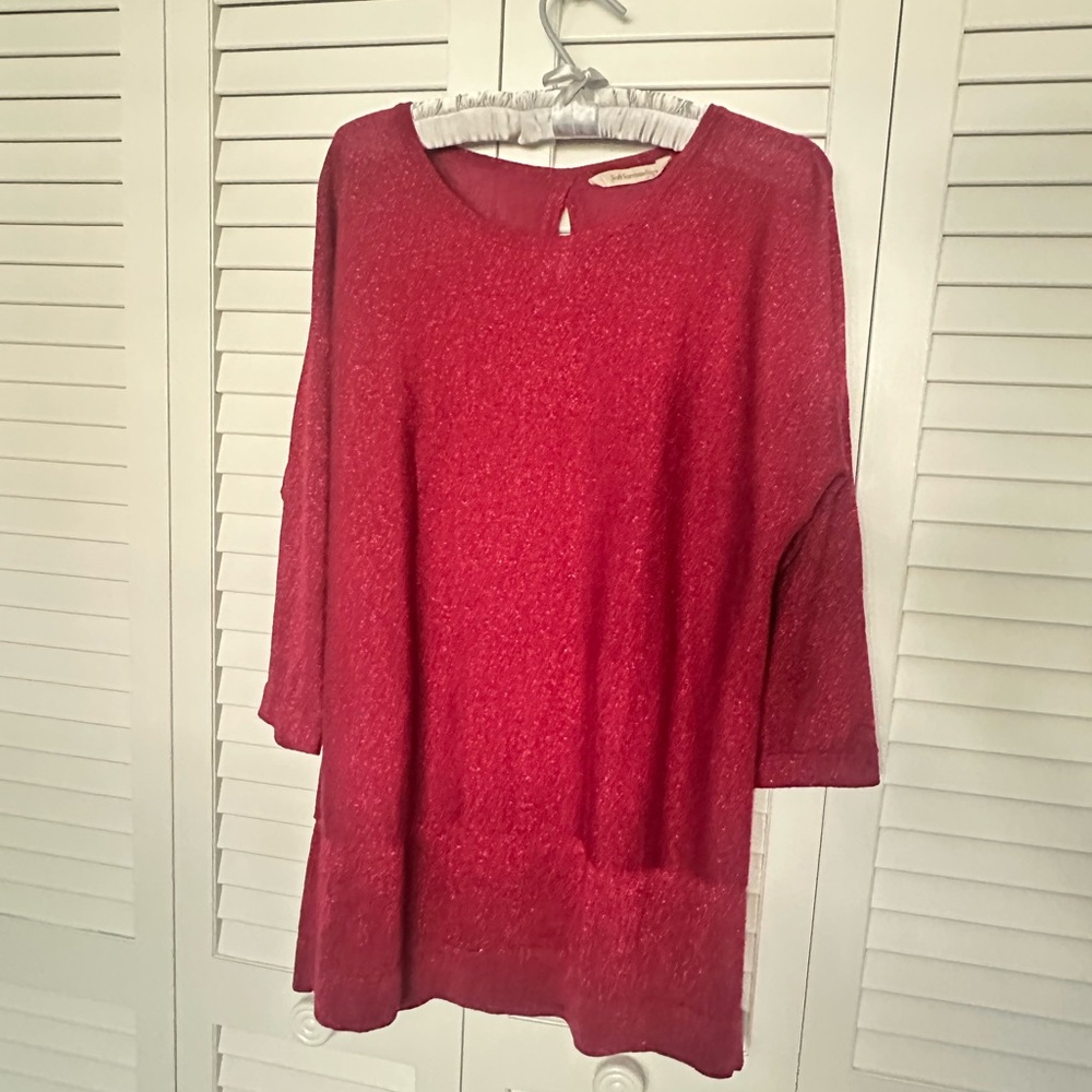 Soft Surroundings vibrant red tunic sweater with sparkly thread accents.